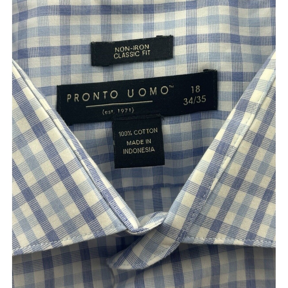 Pronto Uomo Blue Gingham Classic Fit Non Iron Button Up Shirt Size 18 34/35